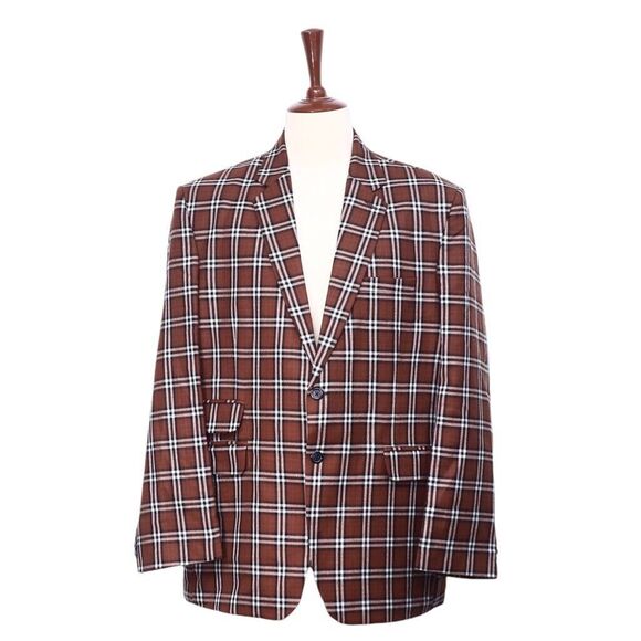 Mens Blazer Brown Ivory Plaid Check Wool Formal Jacket Wedding Sport Coat 48R
